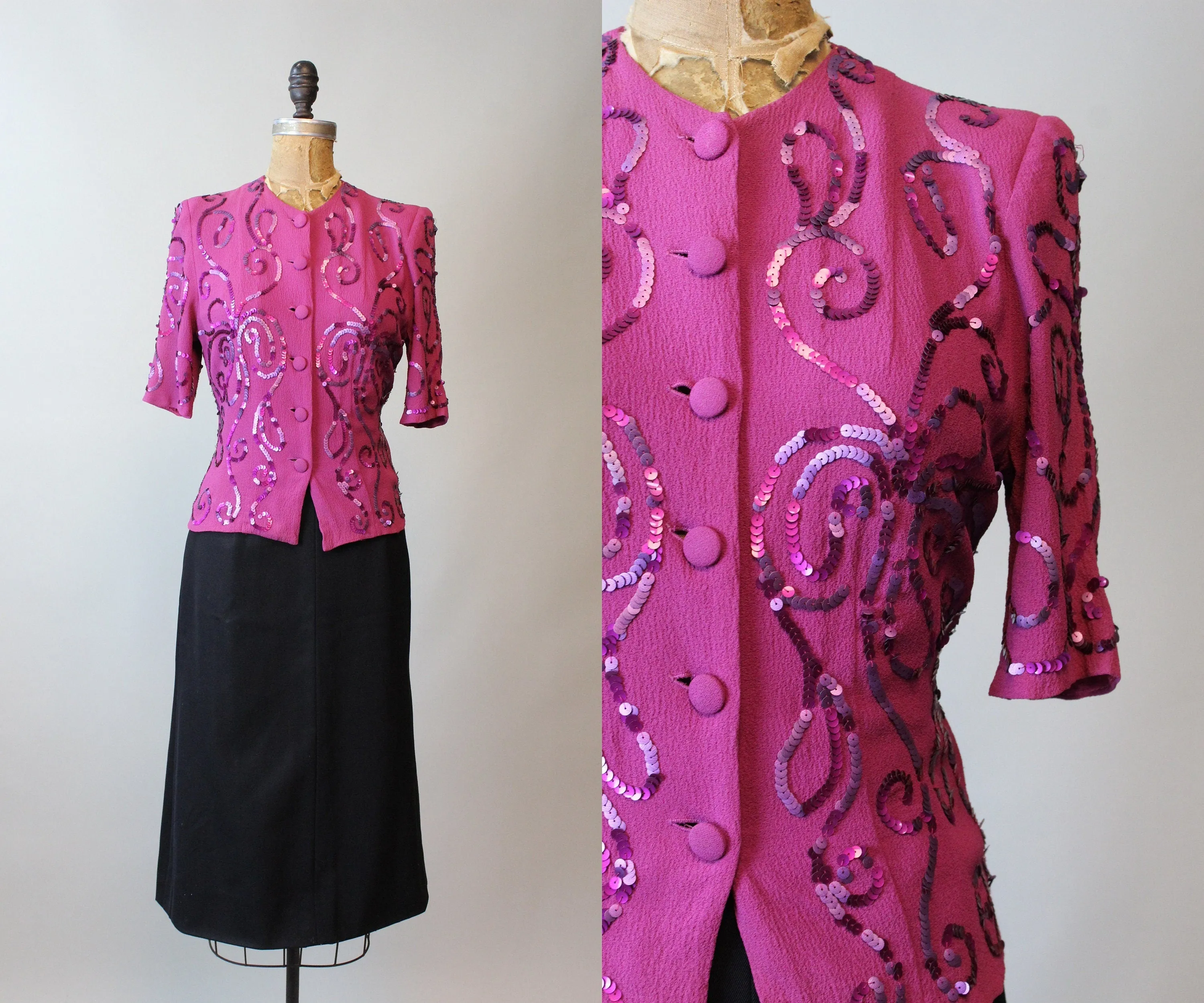 1940s RASPBERRY sequin blouse small | new winter