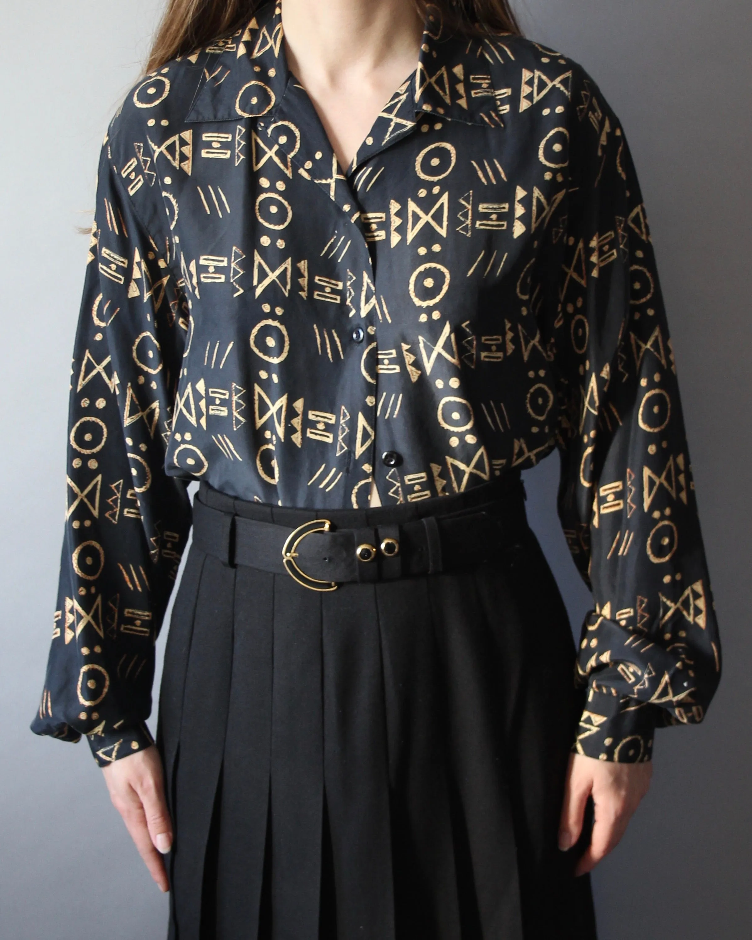 80s 100% Silk Geometric Blouse M-XL