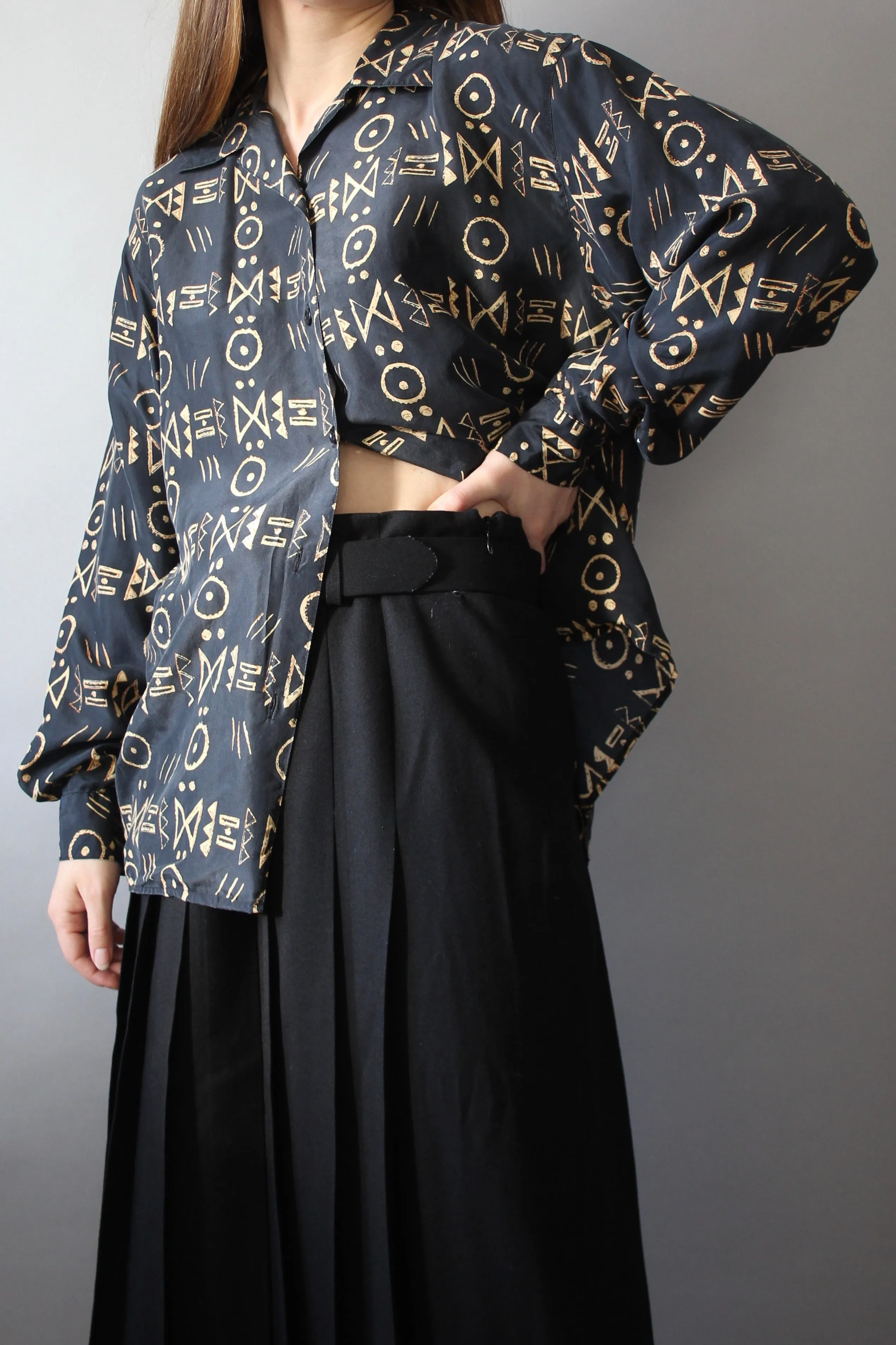 80s 100% Silk Geometric Blouse M-XL