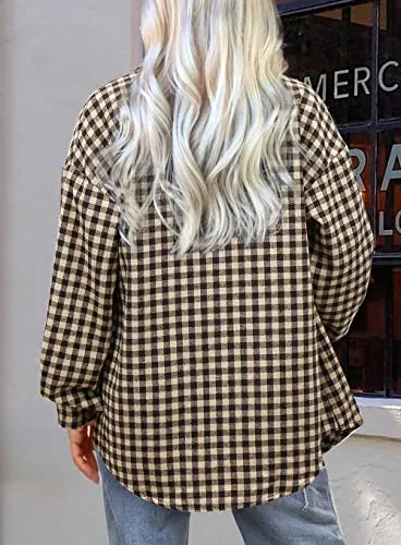 Beaully Plaid Flannel Shirts for Women Oversized Long Sleeve Button Down Buffalo Plaid Shirt Blouse Tops 6061 G-Khaki XX-Large