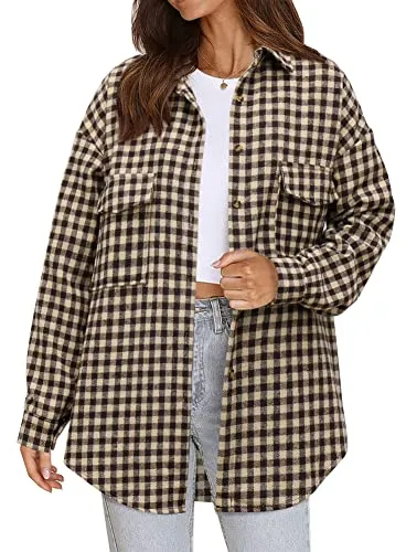 Beaully Plaid Flannel Shirts for Women Oversized Long Sleeve Button Down Buffalo Plaid Shirt Blouse Tops 6061 G-Khaki XX-Large