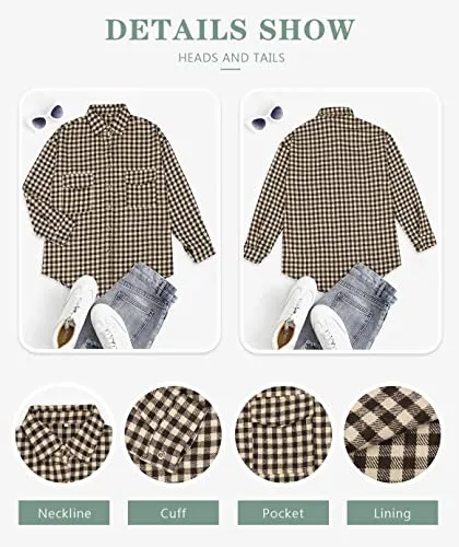 Beaully Plaid Flannel Shirts for Women Oversized Long Sleeve Button Down Buffalo Plaid Shirt Blouse Tops 6061 G-Khaki XX-Large