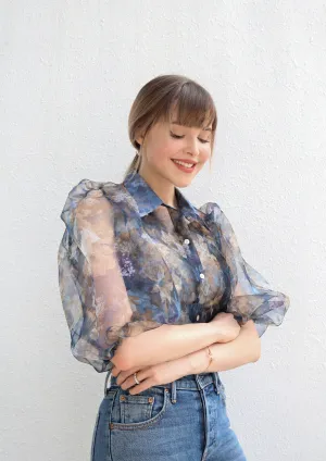 Blue Sheer Floral Blouse