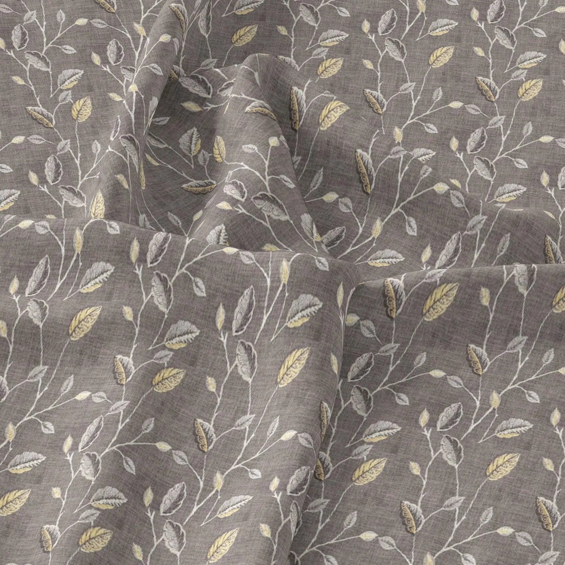 Brown Leaves With Stalk Digital Printed Fabric - Muslin
