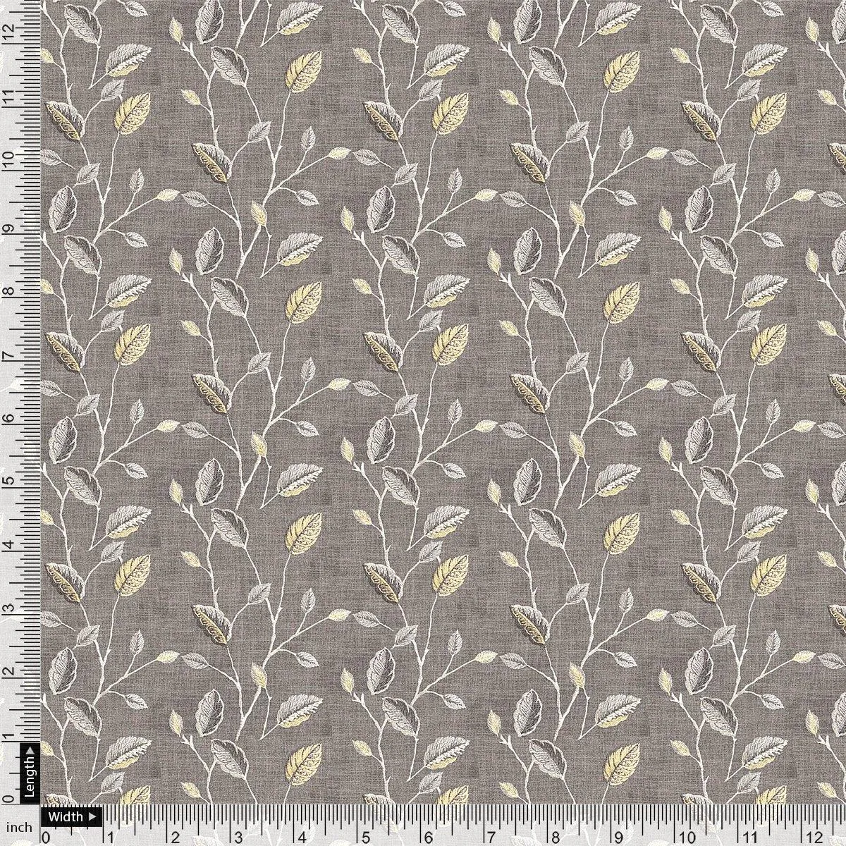 Brown Leaves With Stalk Digital Printed Fabric - Muslin