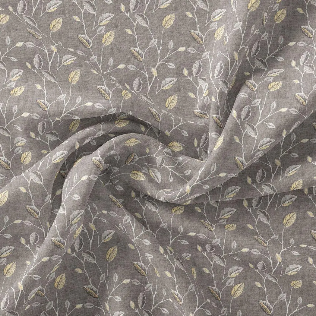 Brown Leaves With Stalk Digital Printed Fabric - Muslin