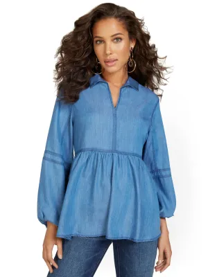 Chambray Balloon-Sleeve Peplum Top