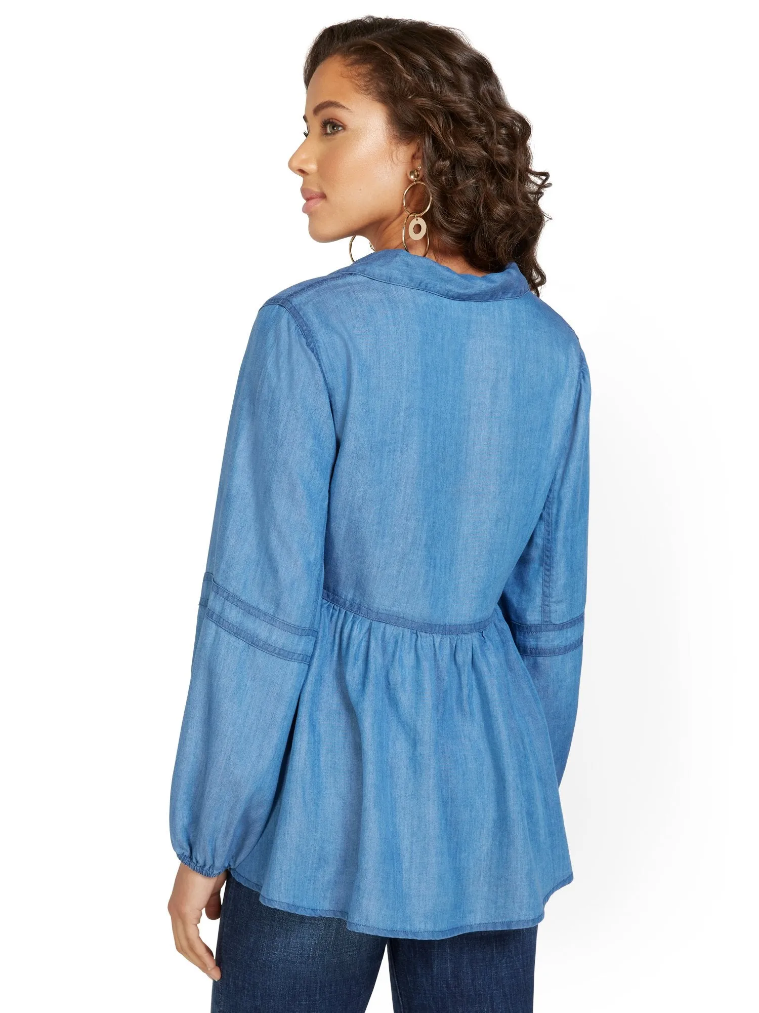 Chambray Balloon-Sleeve Peplum Top