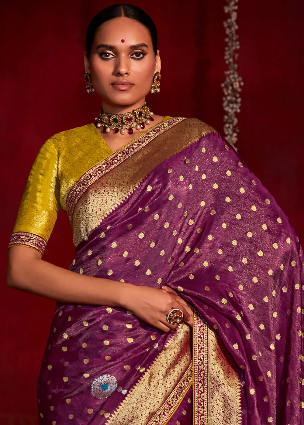 Cobalt Violet Zari Woven Khadi Silk Saree with Contrast Blouse