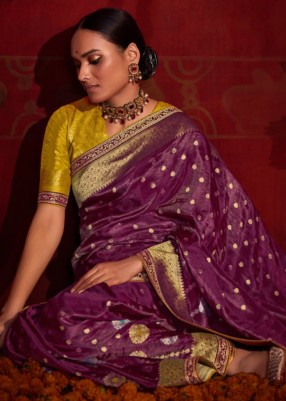 Cobalt Violet Zari Woven Khadi Silk Saree with Contrast Blouse