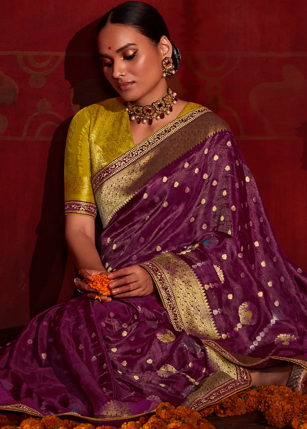 Cobalt Violet Zari Woven Khadi Silk Saree with Contrast Blouse