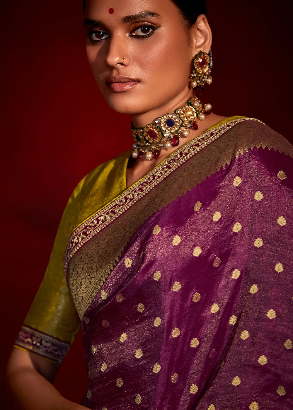 Cobalt Violet Zari Woven Khadi Silk Saree with Contrast Blouse