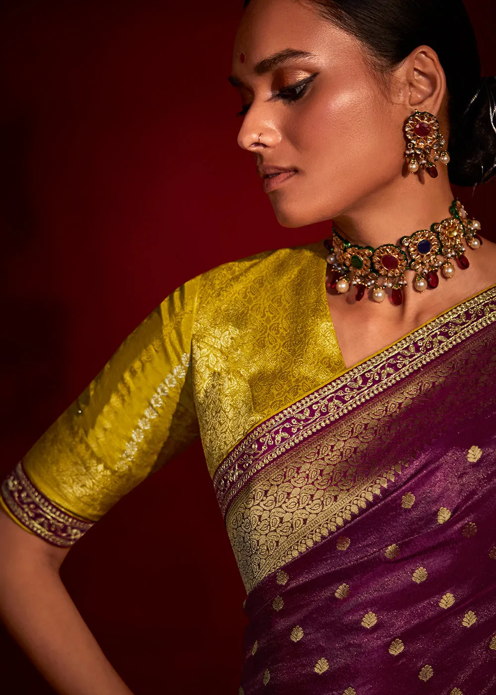 Cobalt Violet Zari Woven Khadi Silk Saree with Contrast Blouse