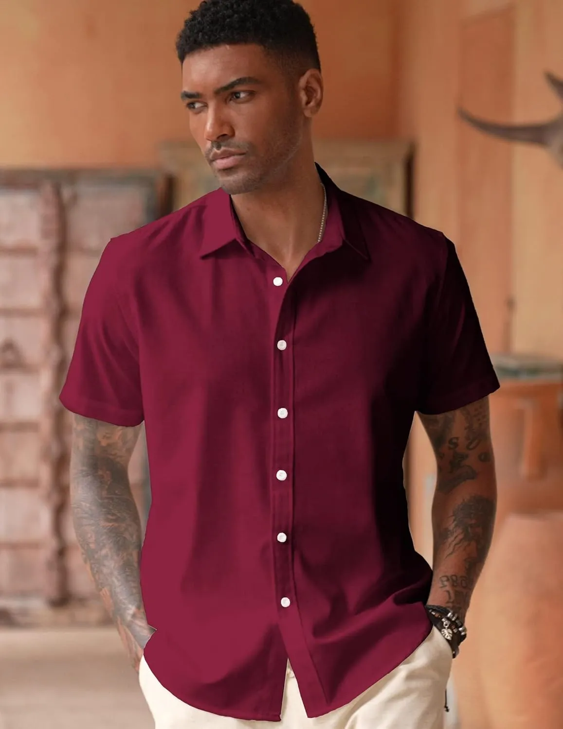 COOFANDY Men's Linen Casual Short Sleeve Shirt Button Down Summer Beach Wedding Shirts