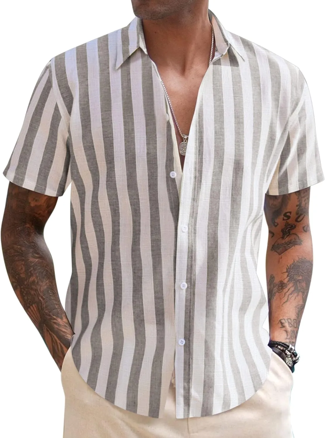 COOFANDY Men's Linen Casual Short Sleeve Shirt Button Down Summer Beach Wedding Shirts
