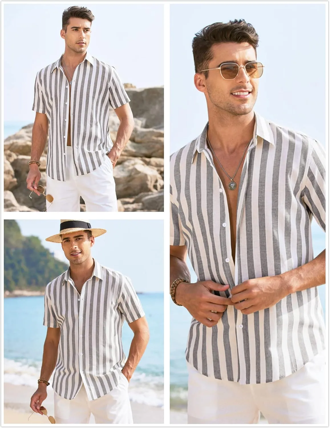 COOFANDY Men's Linen Casual Short Sleeve Shirt Button Down Summer Beach Wedding Shirts