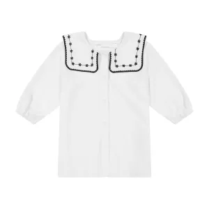 CRINKLE TOP WITH EMBROIDERED COLLAR