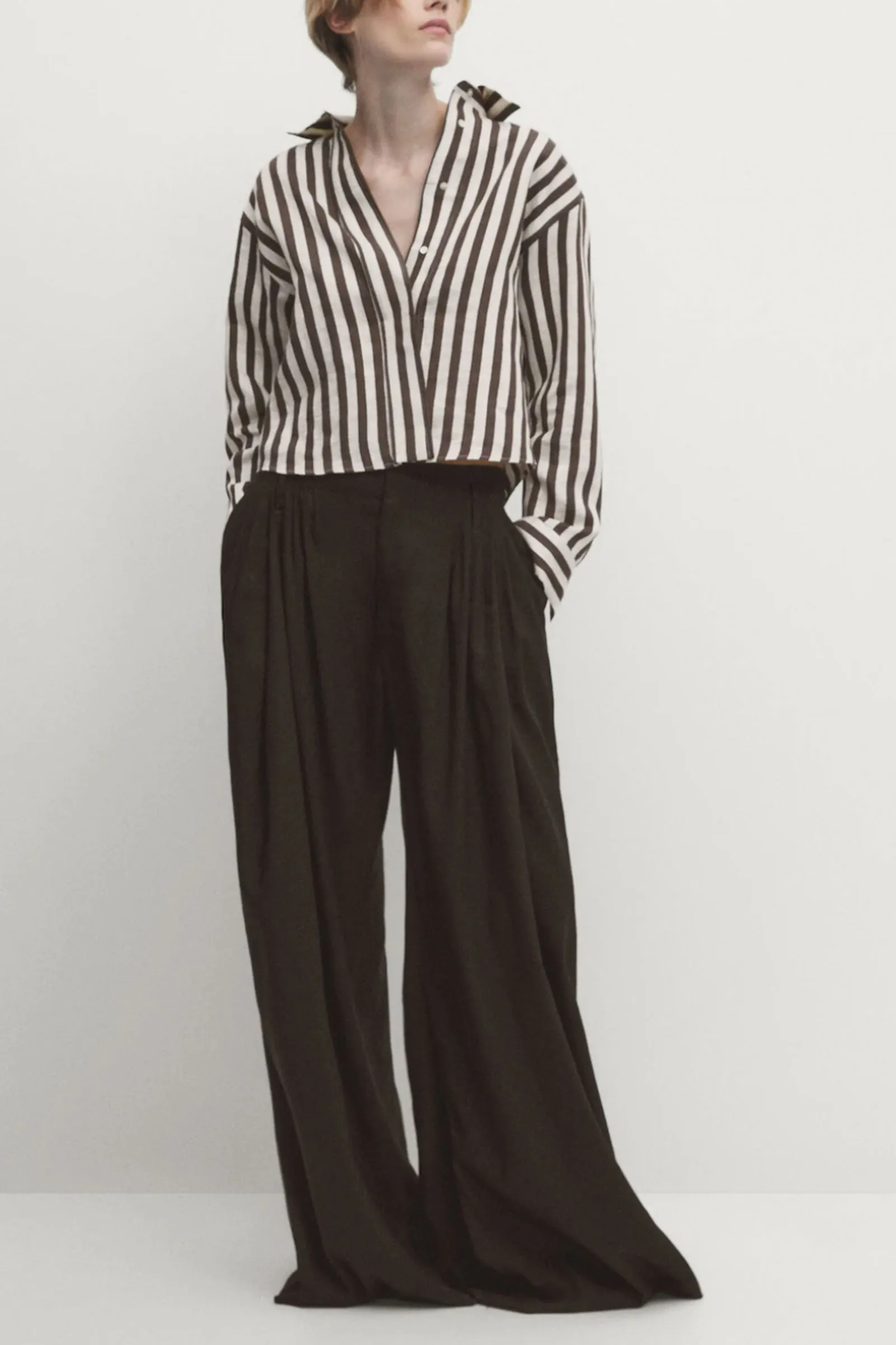 Cropped Striped Linen Blend Shirt