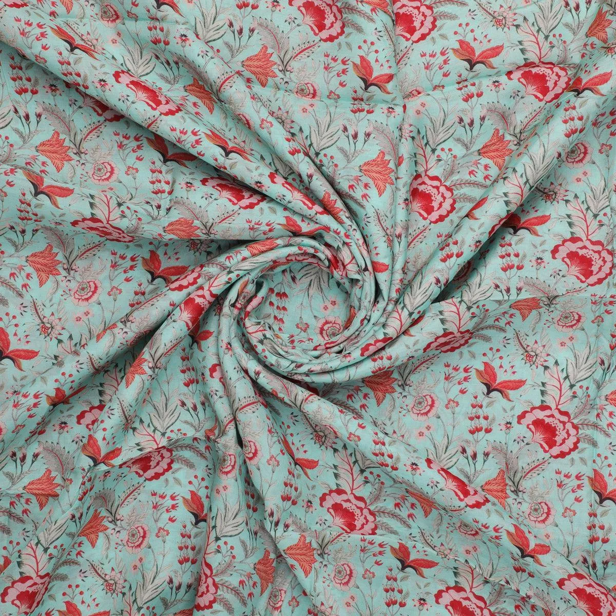 Cyan Jacobean Pure Muslin Printed Fabric Material