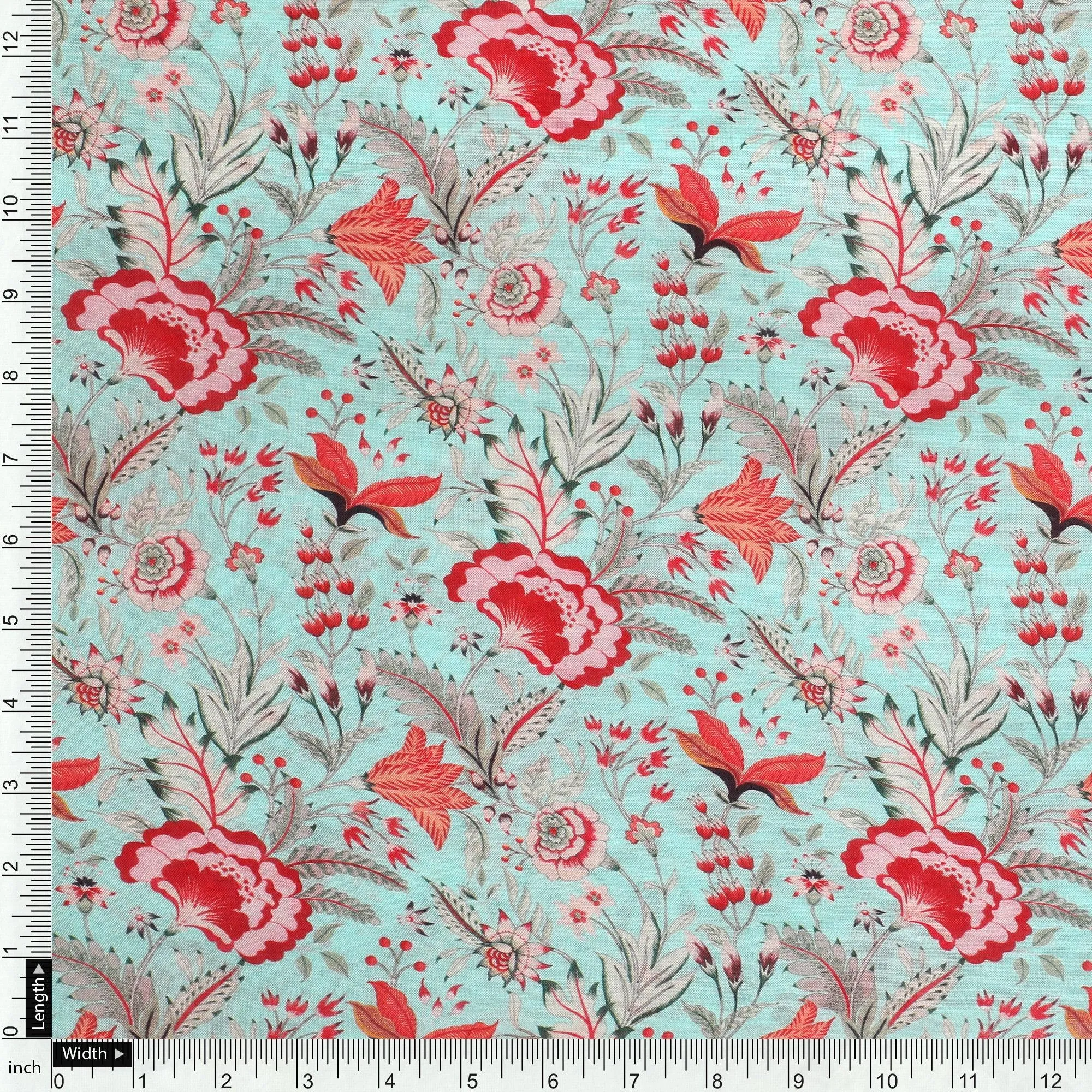 Cyan Jacobean Pure Muslin Printed Fabric Material