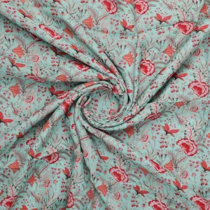 Cyan Jacobean Pure Muslin Printed Fabric Material