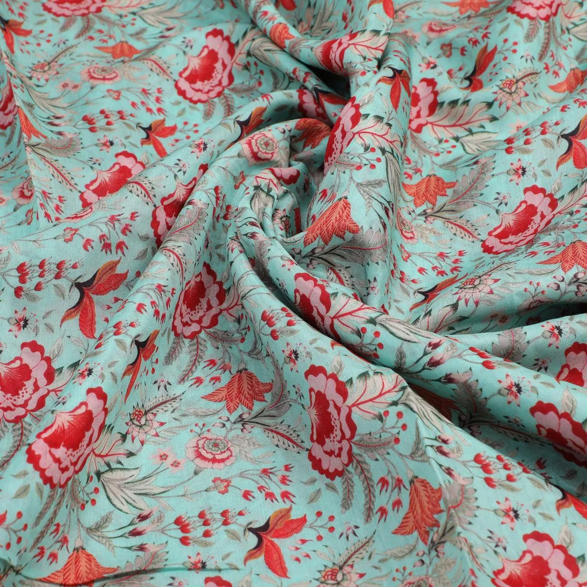 Cyan Jacobean Pure Muslin Printed Fabric Material