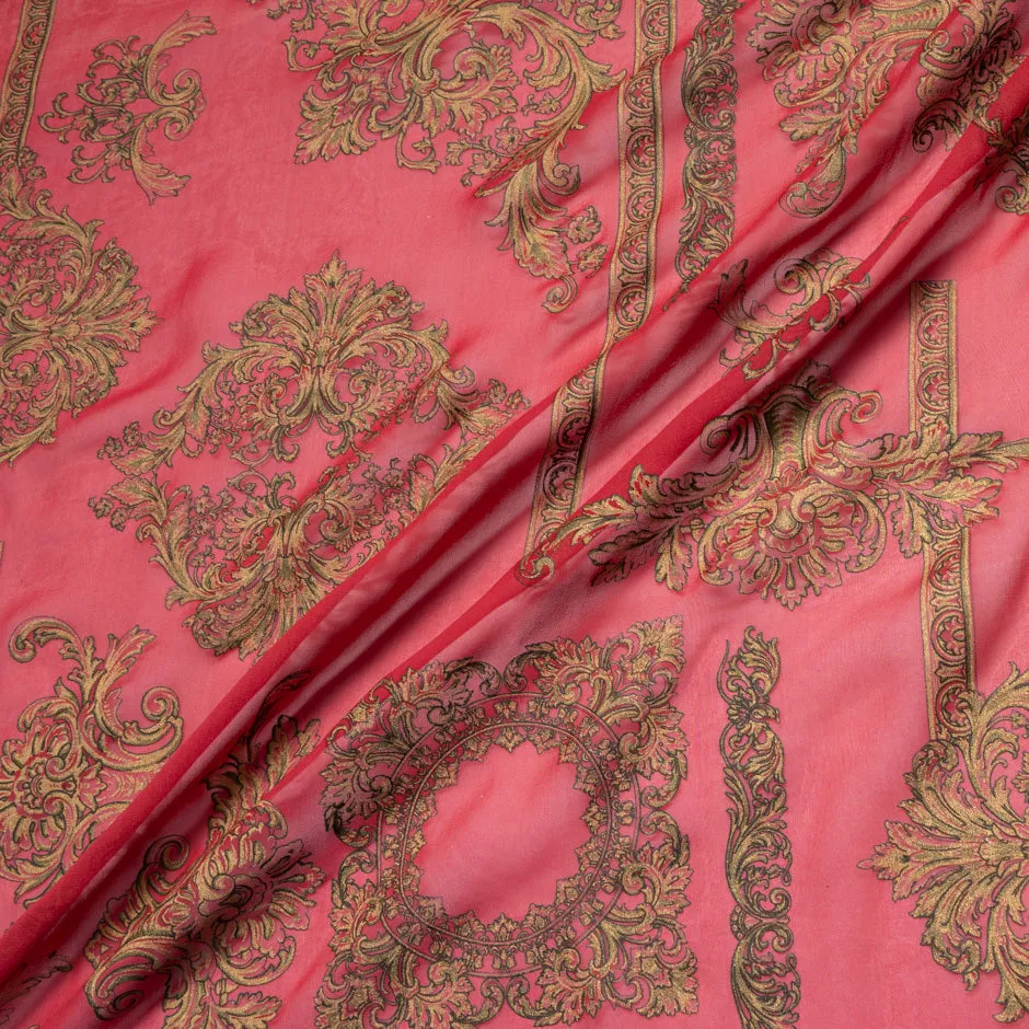 Deep Gold Printed Garnet Red Silk Georgette