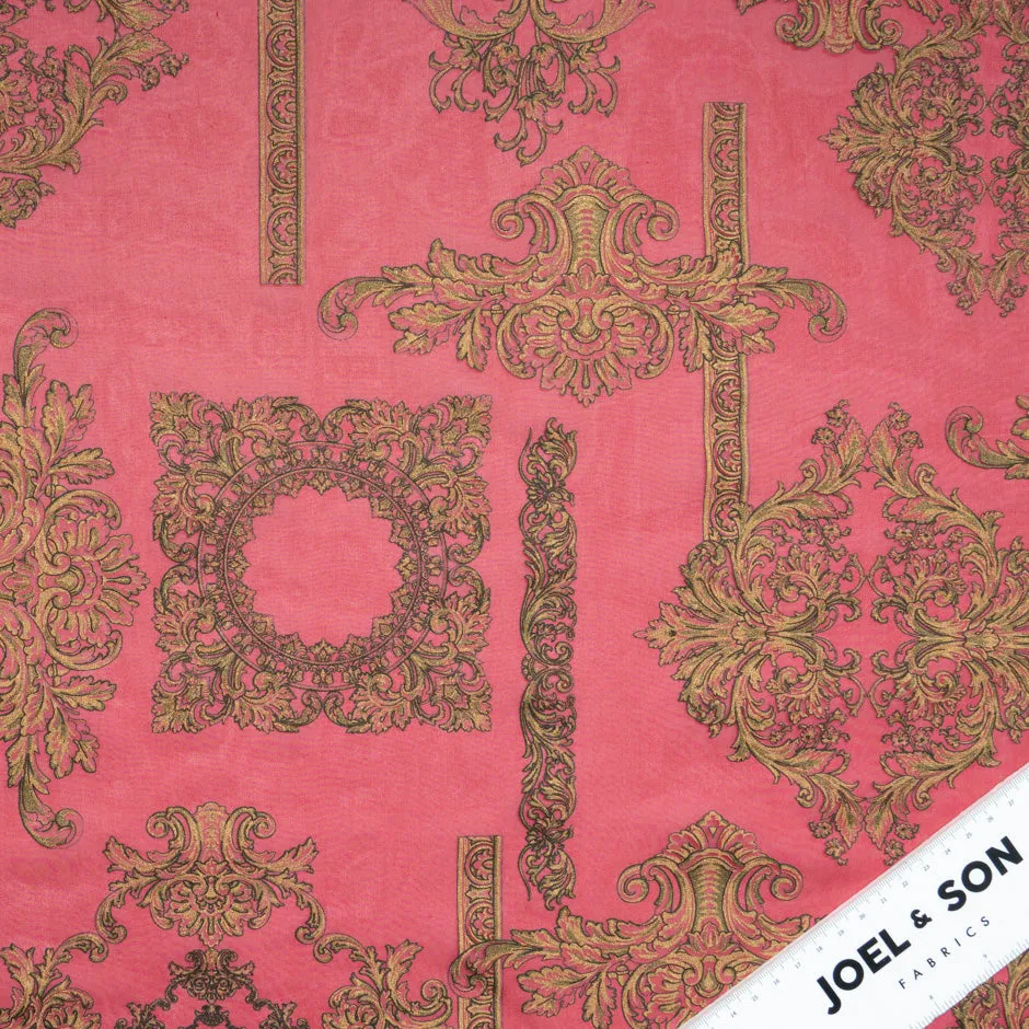Deep Gold Printed Garnet Red Silk Georgette