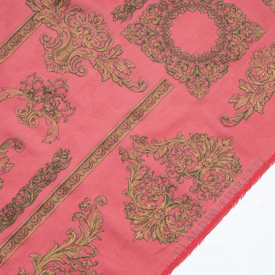 Deep Gold Printed Garnet Red Silk Georgette