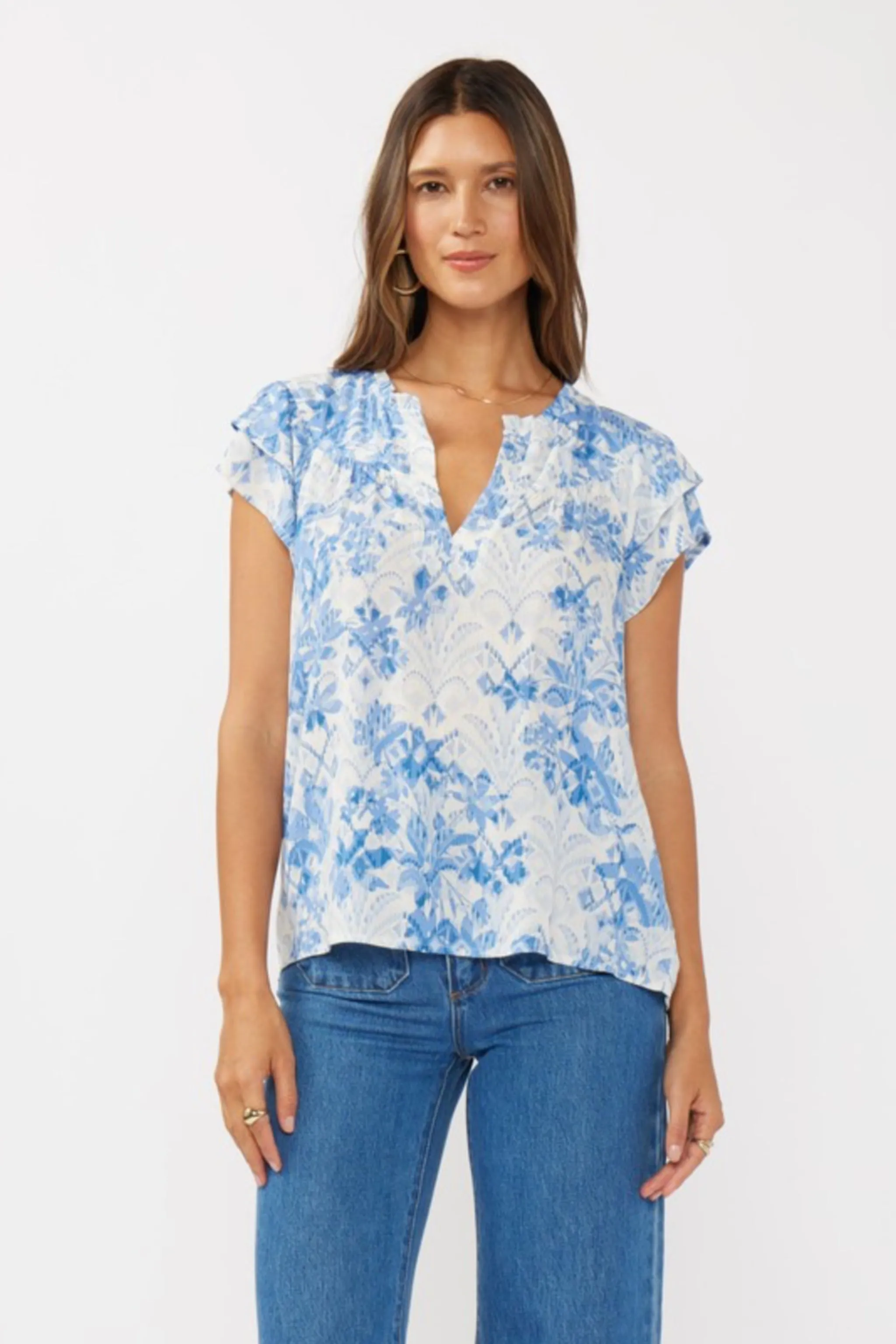 Doreen Short Ruffle Sleeve Floral Print Top Blue