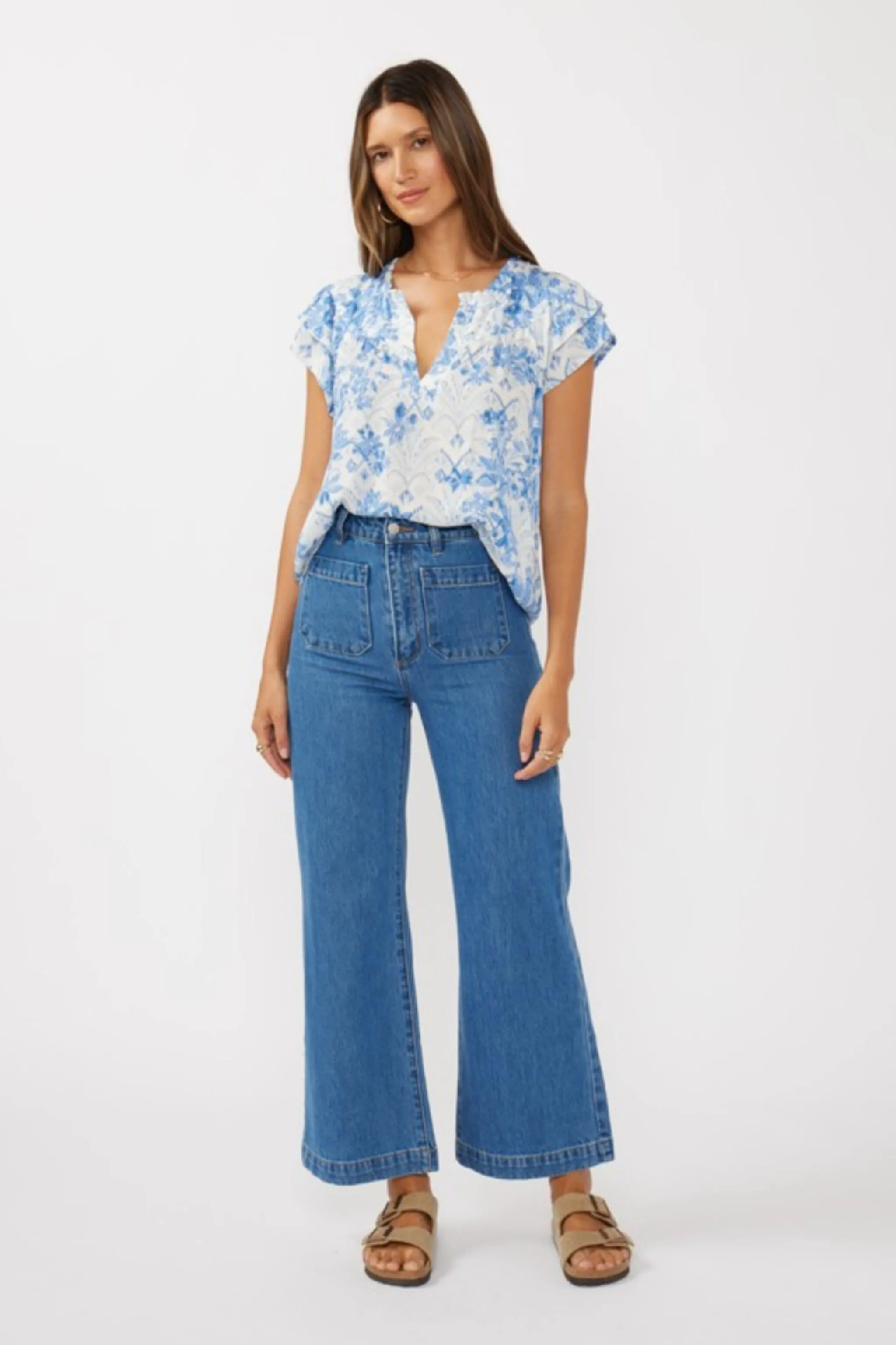 Doreen Short Ruffle Sleeve Floral Print Top Blue