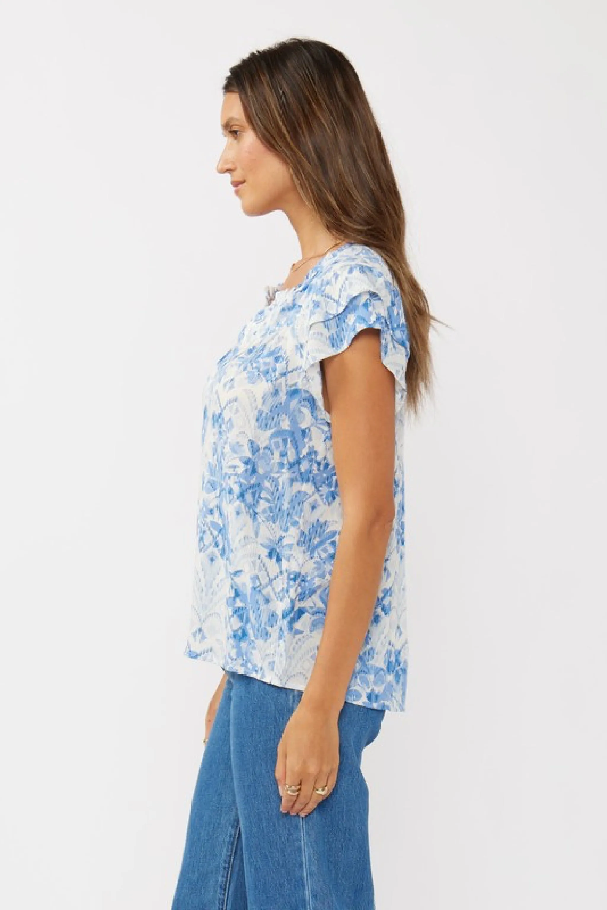 Doreen Short Ruffle Sleeve Floral Print Top Blue