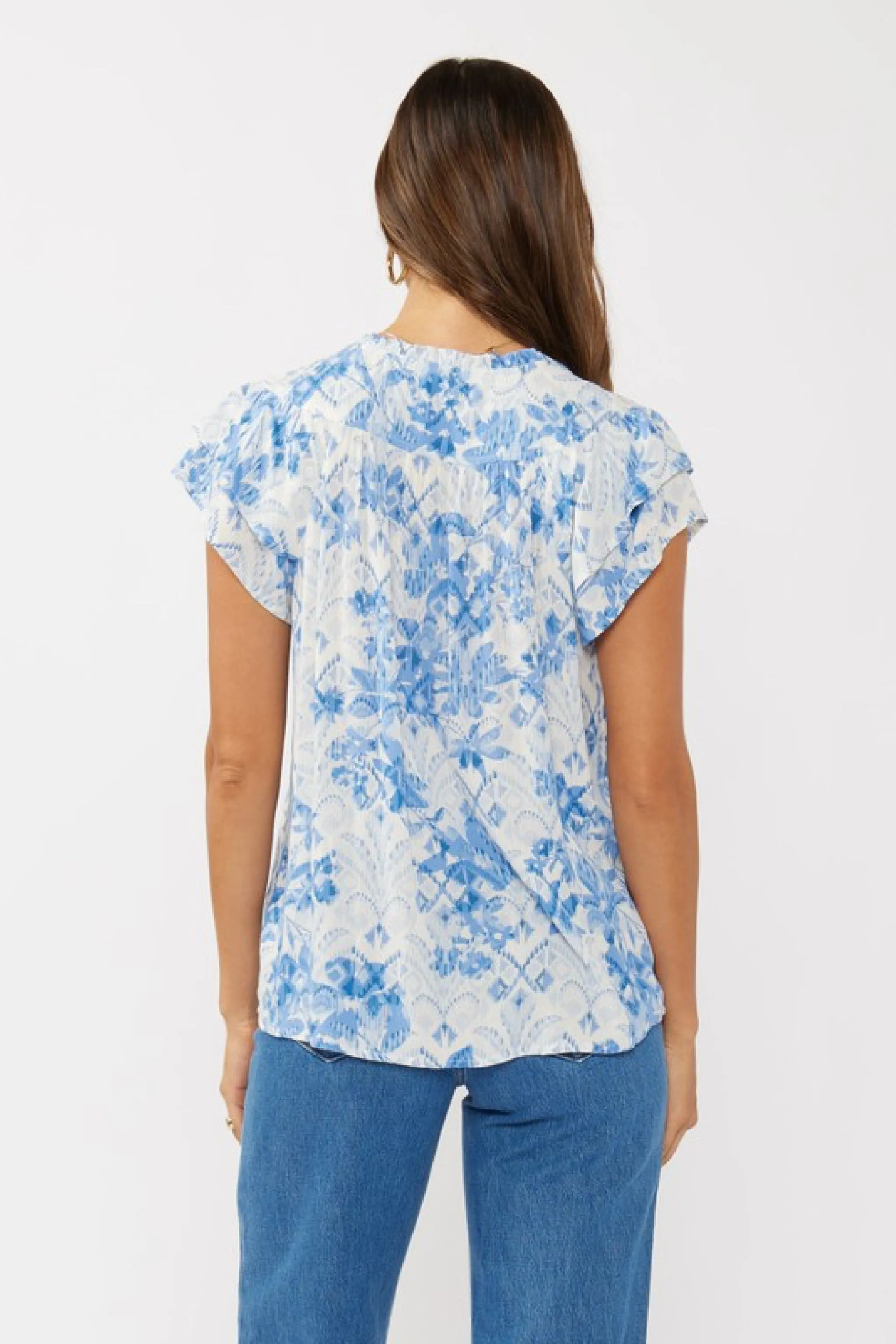 Doreen Short Ruffle Sleeve Floral Print Top Blue