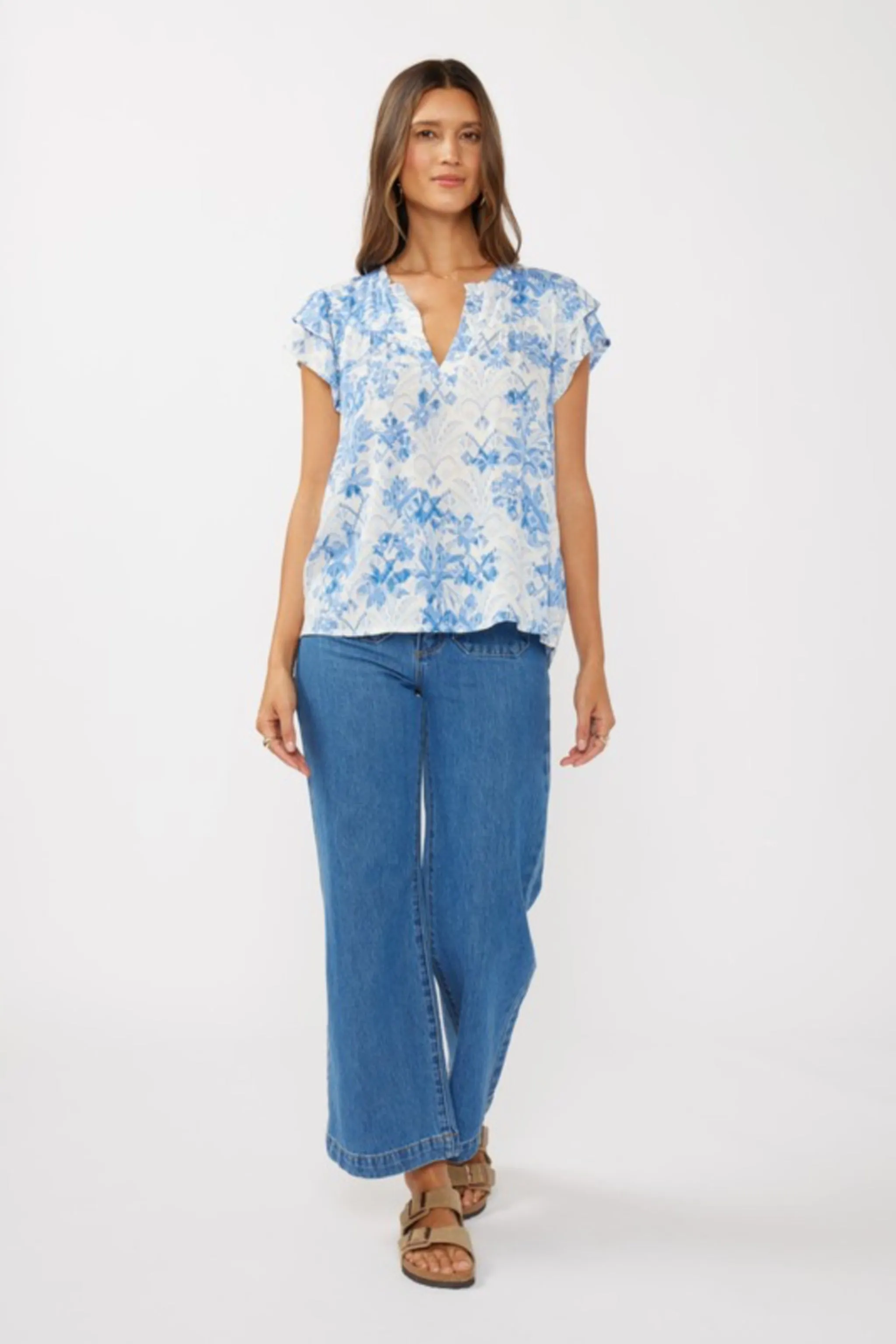 Doreen Short Ruffle Sleeve Floral Print Top Blue