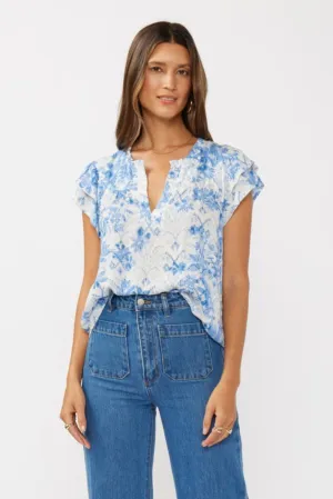 Doreen Short Ruffle Sleeve Floral Print Top Blue