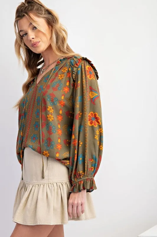 Easel Happiness Floral Print Blouse - Martini Olive