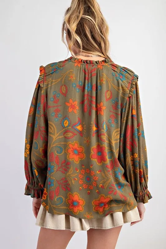 Easel Happiness Floral Print Blouse - Martini Olive