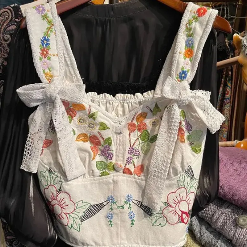 Embroidered Bandage Bow Cotton Short Top