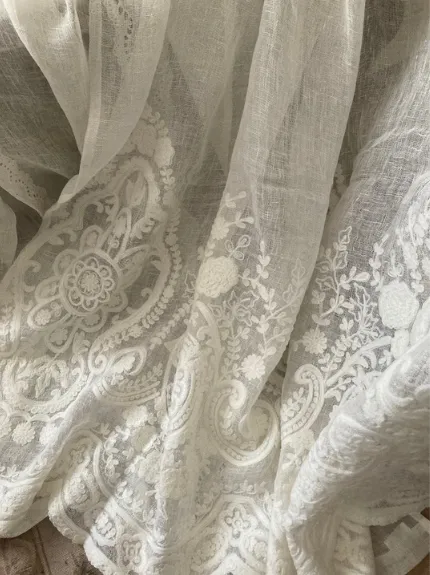 Embroidered Linen Curtain Panel - Rose