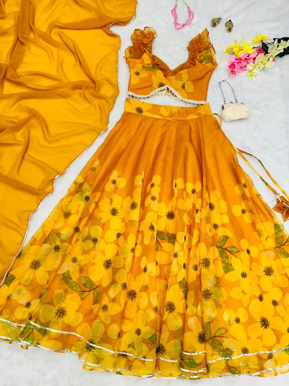 Exquisite Yellow Pure Organza Silk Lehenga Choli Set with Handwork