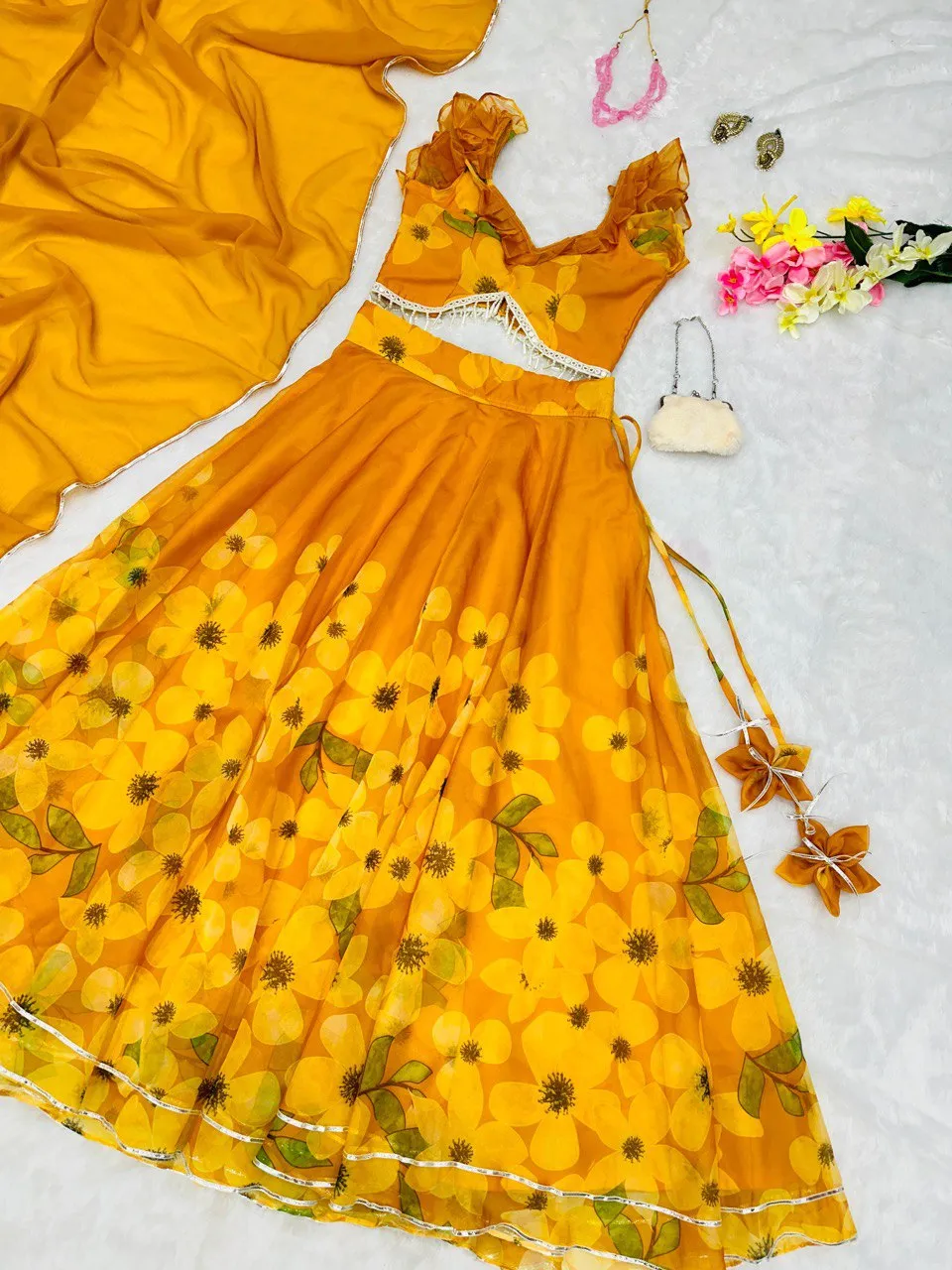 Exquisite Yellow Pure Organza Silk Lehenga Choli Set with Handwork