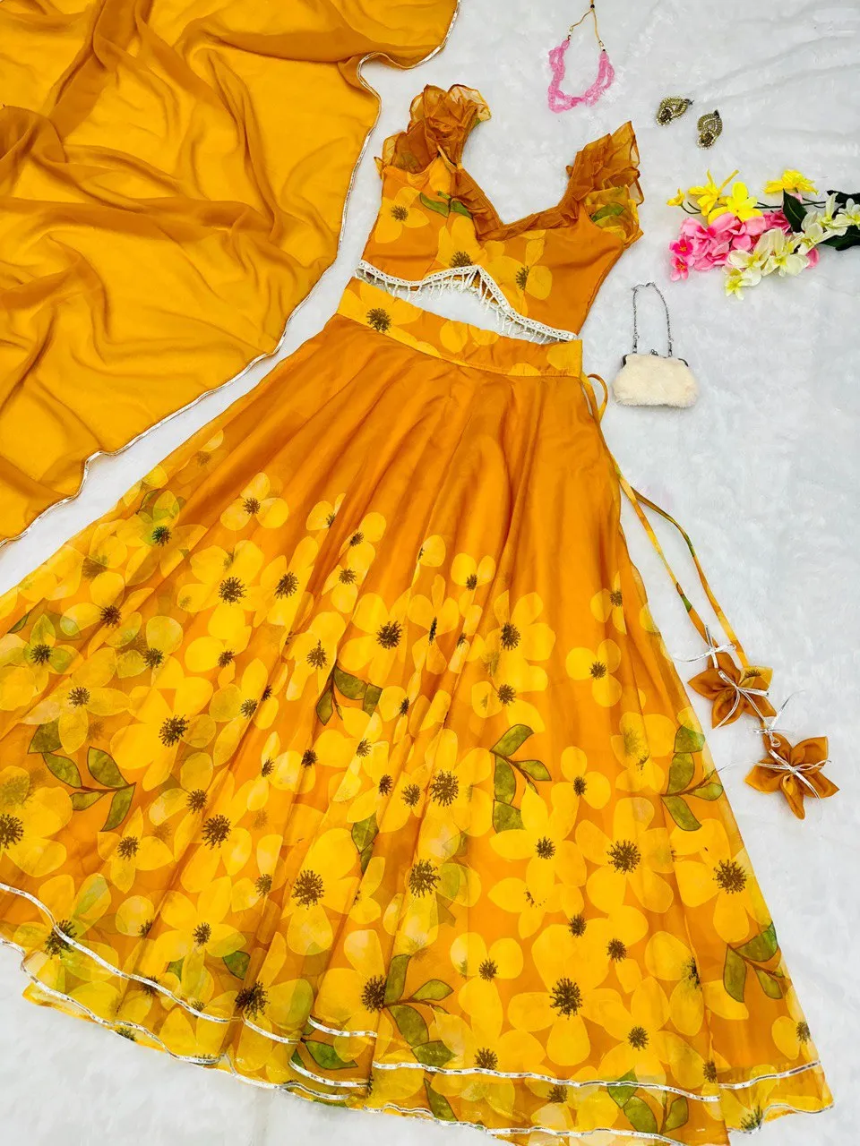 Exquisite Yellow Pure Organza Silk Lehenga Choli Set with Handwork