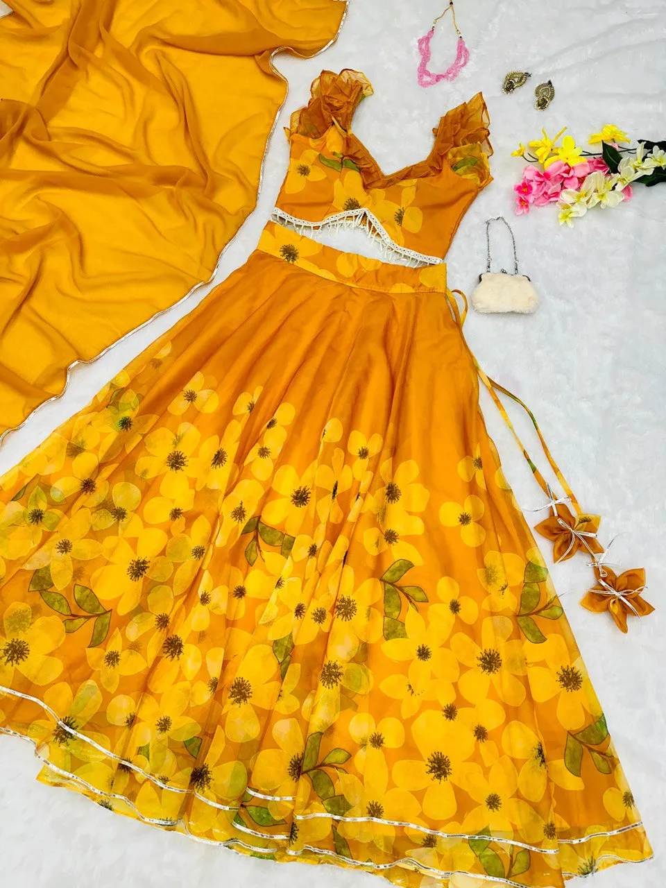 Exquisite Yellow Pure Organza Silk Lehenga Choli Set with Handwork