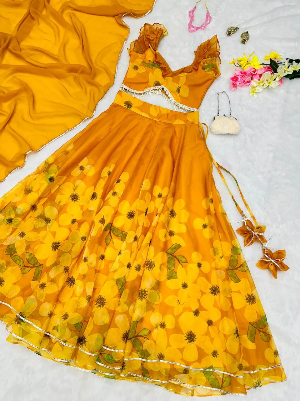 Exquisite Yellow Pure Organza Silk Lehenga Choli Set with Handwork