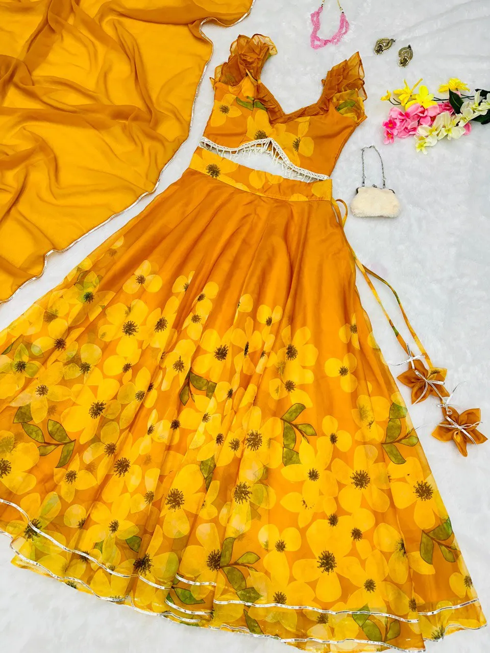 Exquisite Yellow Pure Organza Silk Lehenga Choli Set with Handwork