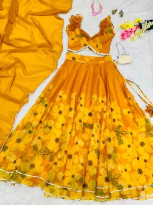Exquisite Yellow Pure Organza Silk Lehenga Choli Set with Handwork
