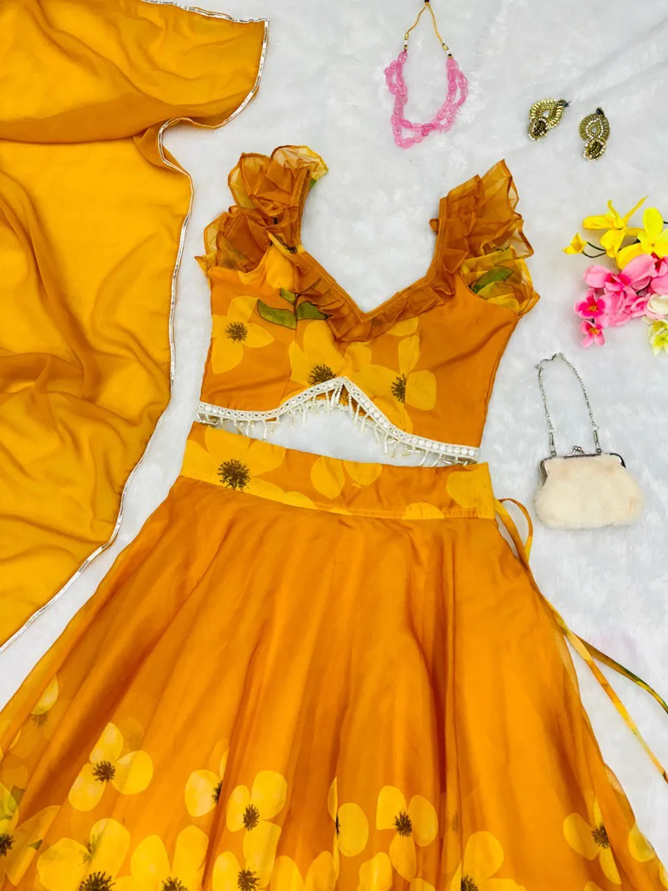 Exquisite Yellow Pure Organza Silk Lehenga Choli Set with Handwork