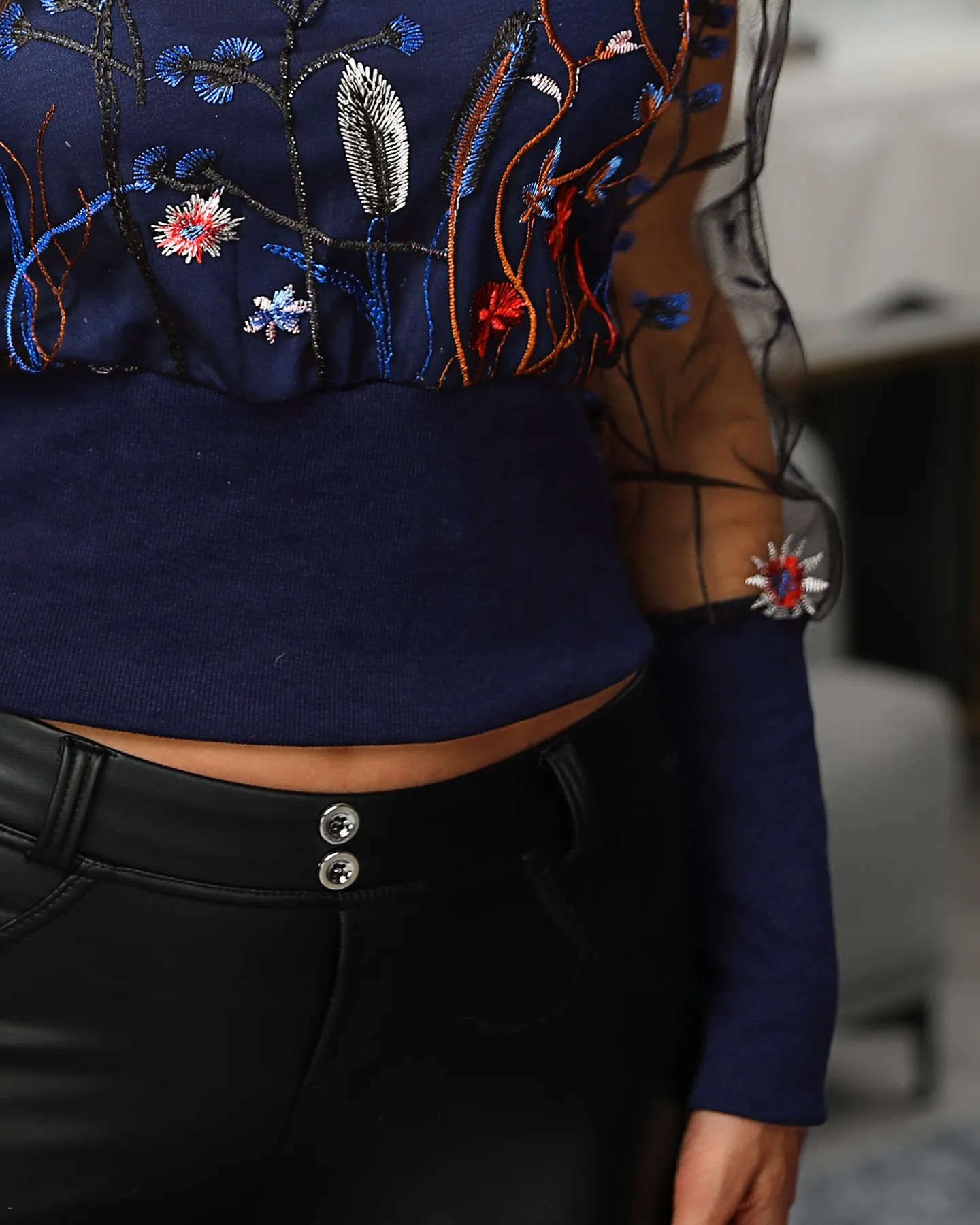 Floral Embroidery Sheer Mesh Blouse - Dark Blue