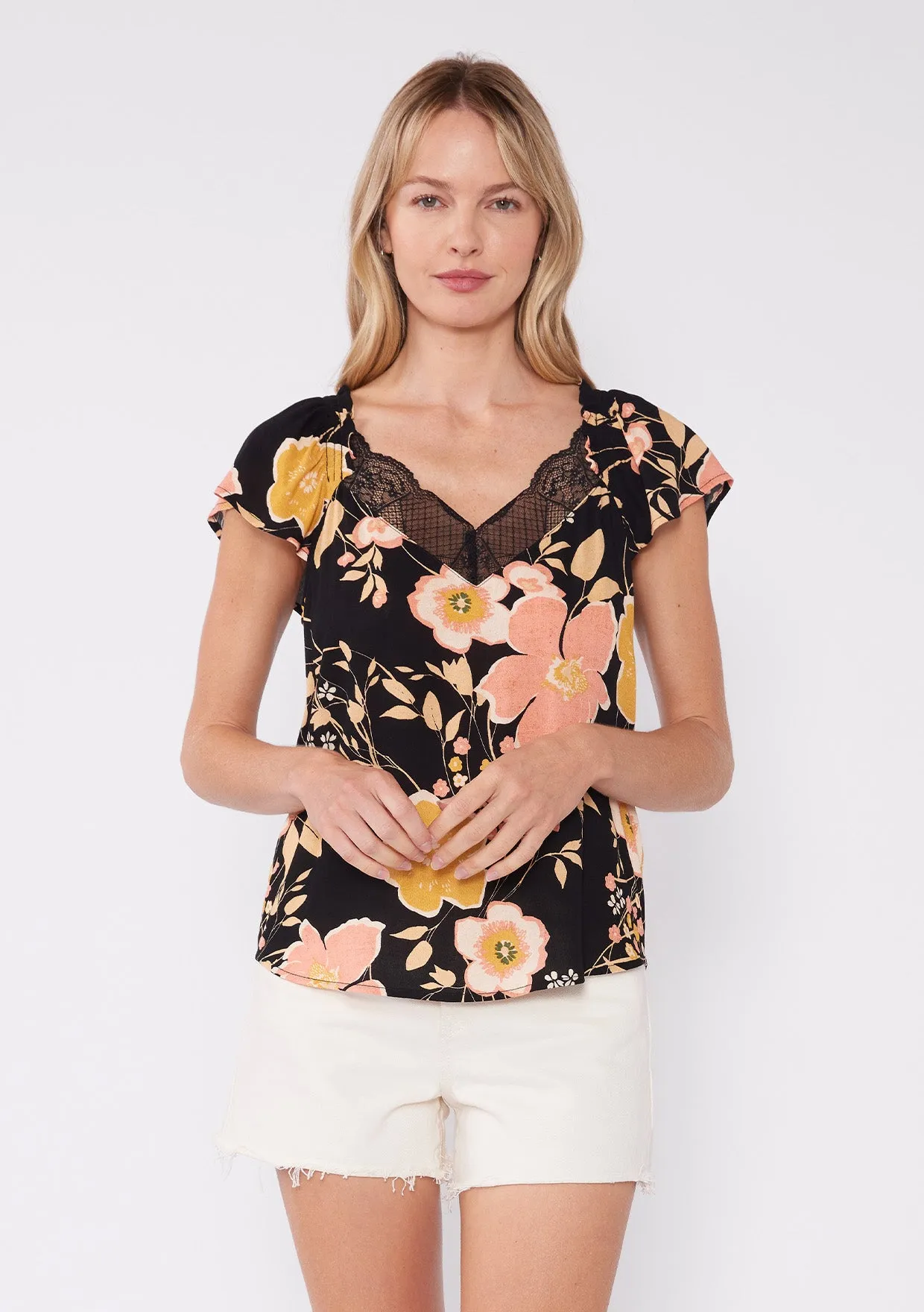 Floral Flutter Sleeve Lace Trim V Neck Blouse