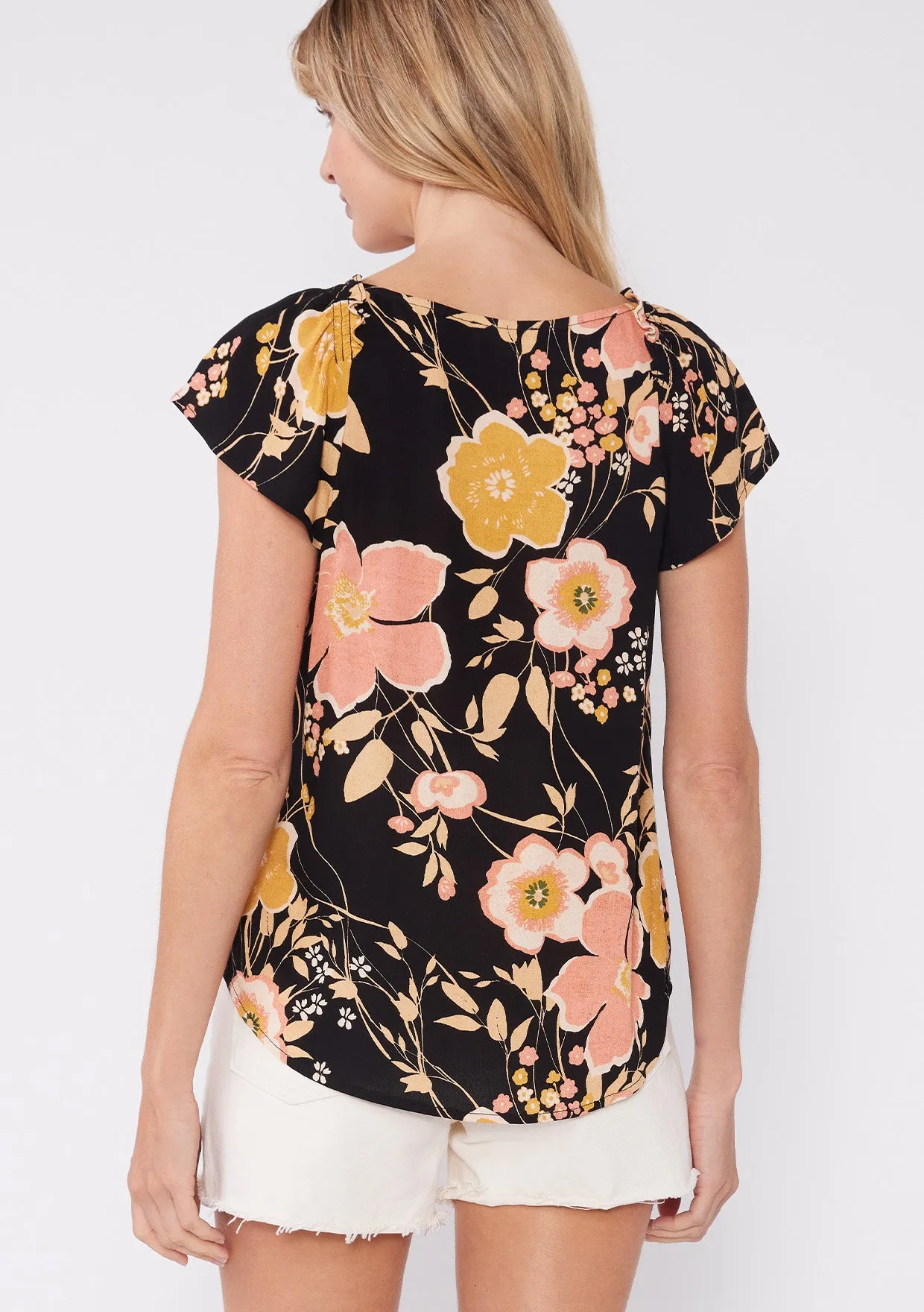 Floral Flutter Sleeve Lace Trim V Neck Blouse